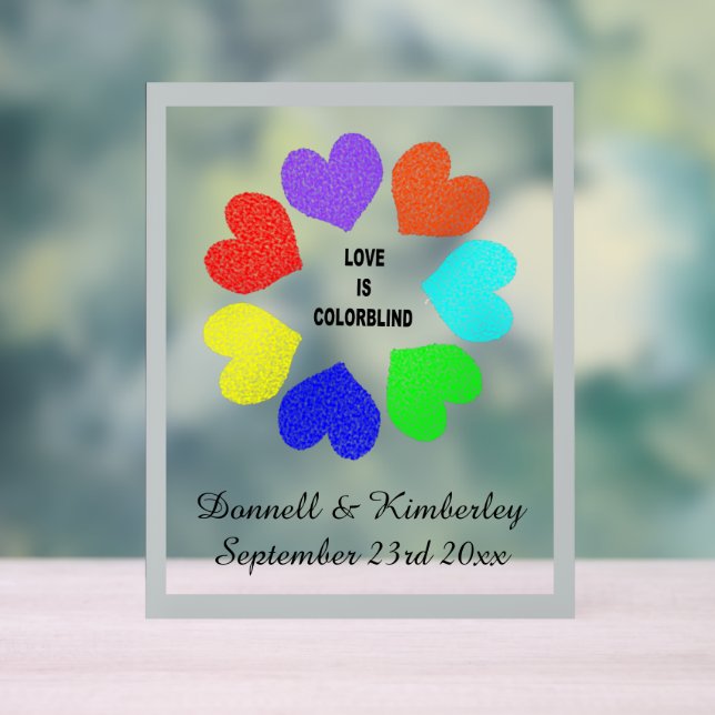 Interracial Love Rainbow Hearts Wedding Acrylic Sign (Neutral)