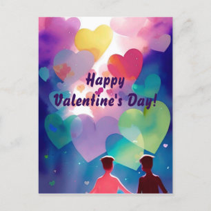 Interracial queer couple in love with hearts postcard