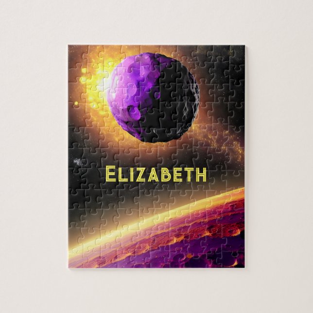 Interstellar Purple Asteroid Flying To Pink Planet Jigsaw Puzzle (Vertical)