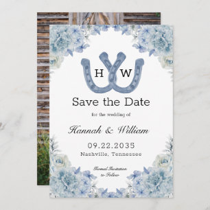 Intertwined Blue Horseshoe Monogram Floral Photo Save The Date