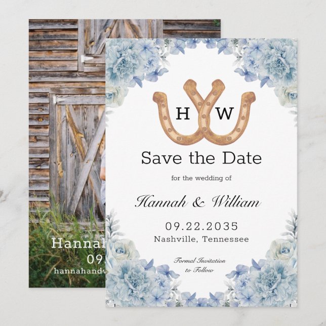 Intertwined Brown Horseshoe Monogram Floral Photo  Save The Date (Front/Back)