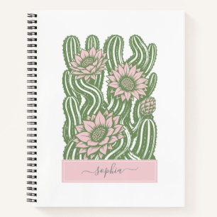 Intertwined cactus linocut sage green blooming notebook