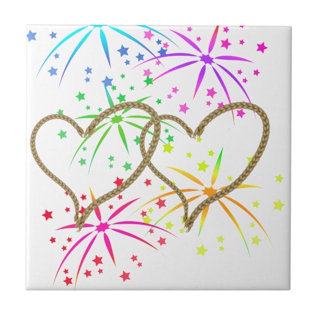Intertwined hearts tangled rope romantic fireworks ceramic tile (Front)