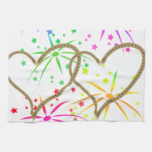 Intertwined hearts tangled rope romantic fireworks tea towel