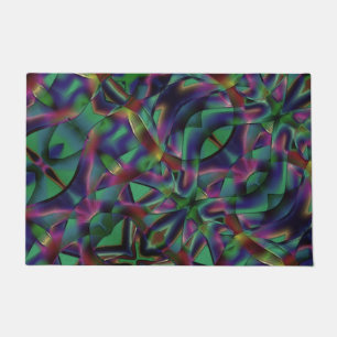 Interwoven tapes of darkened colourful doormat
