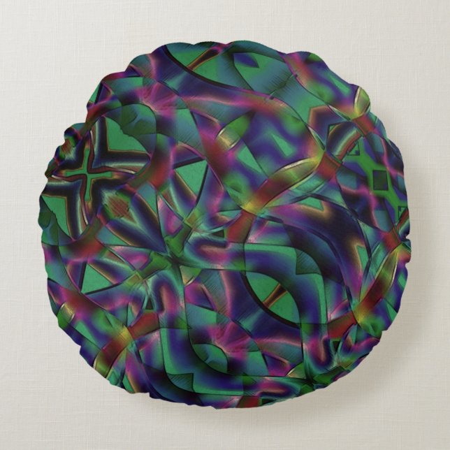 Interwoven tapes of darkened colourful round cushion (Front)