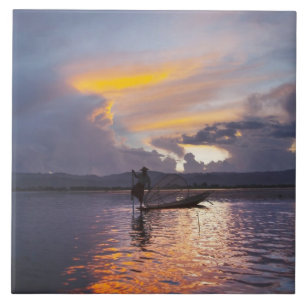 Intha fisherman leg rowing boat fishing with net ceramic tile