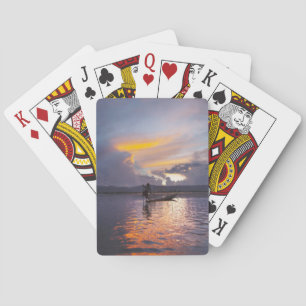 Intha fisherman leg rowing boat fishing with net playing cards