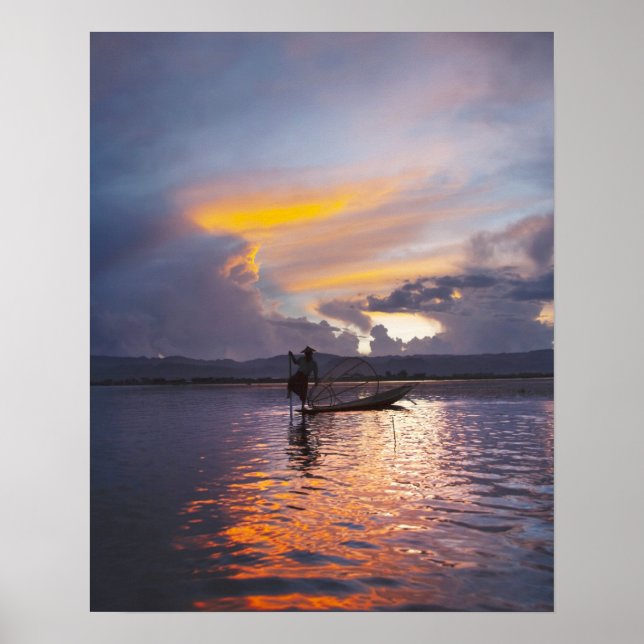 Intha fisherman leg rowing boat fishing with net poster (Front)