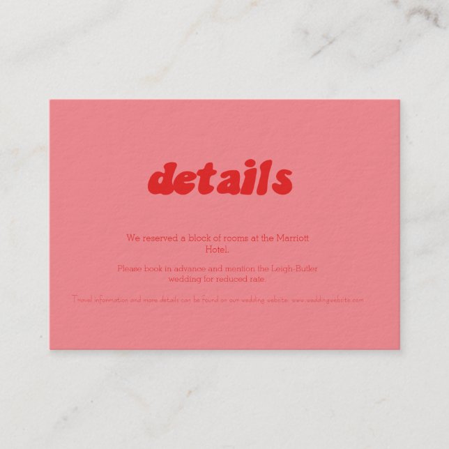 Intimate Retro Pink & Red Wedding Details Card (Front)