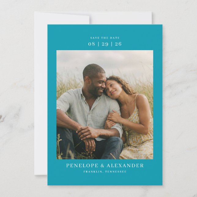 Intimate Teal Modern Photo Save The Date (Front)