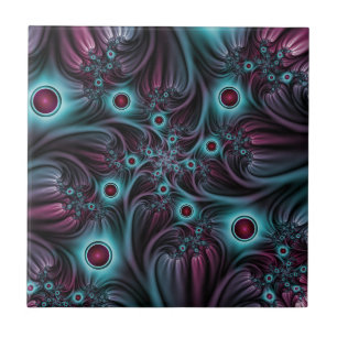 Into the Depth Blue Pink Abstract Fractal Art Ceramic Tile