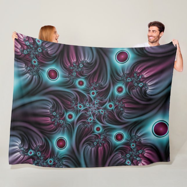 Into the Depth Blue Pink Abstract Fractal Art Fleece Blanket (In Situ)
