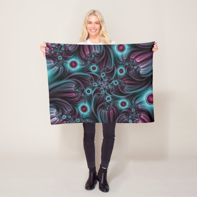 Into the Depth Blue Pink Abstract Fractal Art Fleece Blanket (In Situ)