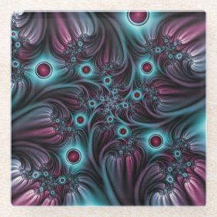 Into the Depth Blue Pink Abstract Fractal Art Glass Coaster