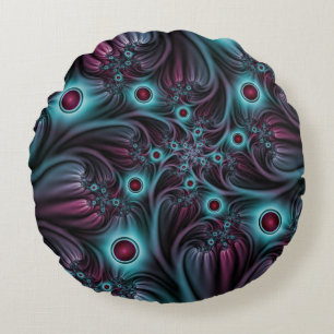 Into the Depth Blue Pink Abstract Fractal Art Round Cushion