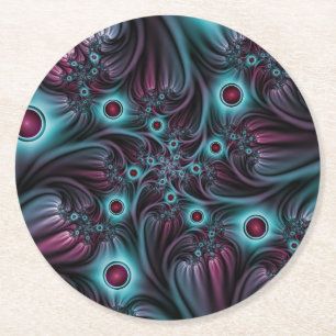 Into the Depth Blue Pink Abstract Fractal Art Round Paper Coaster