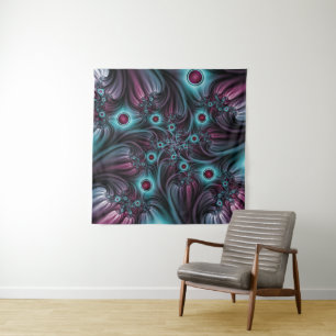 Into the Depth Blue Pink Abstract Fractal Art Tapestry