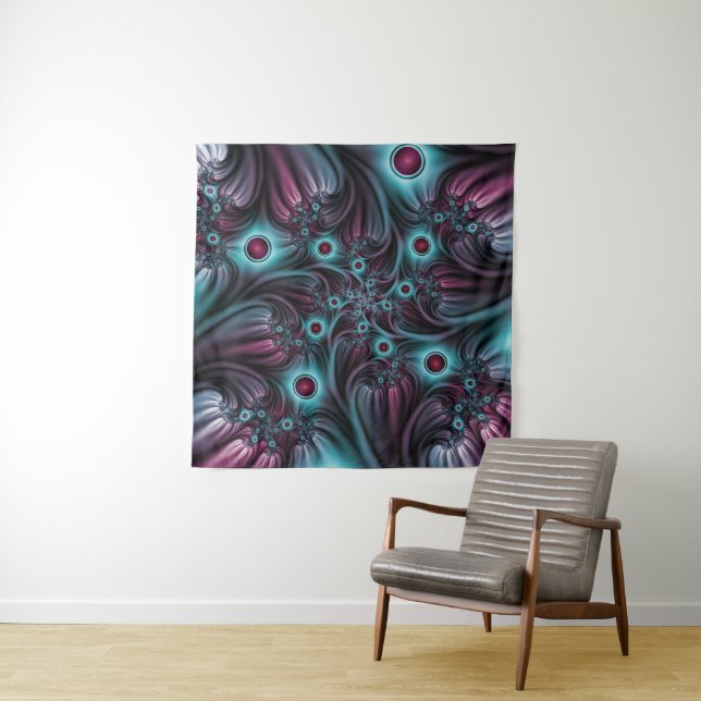 Into the Depth Blue Pink Abstract Fractal Art Tapestry (In Situ)