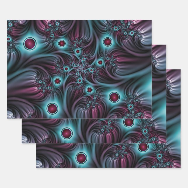 Into the Depth Blue Pink Abstract Fractal Art Wrapping Paper Sheet (Set)