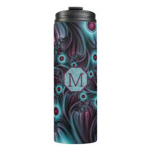 Into the Depth Blue Pink Abstract Fractal Monogram Thermal Tumbler