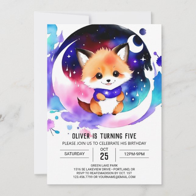  Into the Fantasy Fox Birthday Invitation (Front)