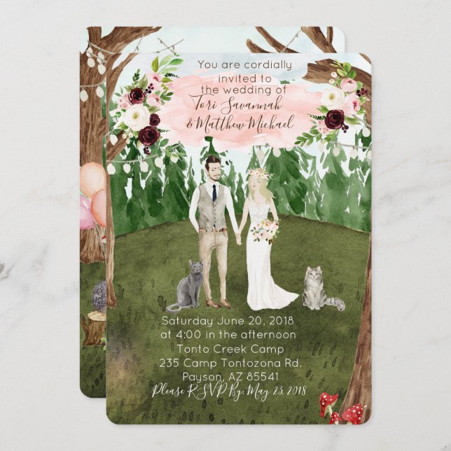 Into The Forest Wedding Invitation -With cats (Front/Back)