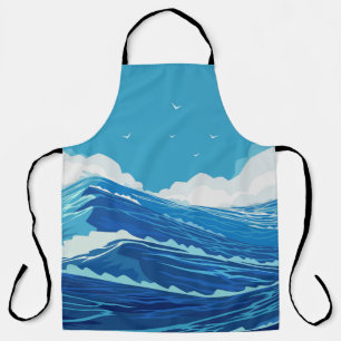 Into the ocean. Beautiful large sea waves and blue Apron