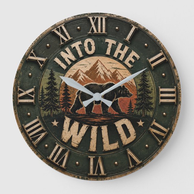 Into the Wild Bear Rustic Cabin Mountain Decor Large Clock (Front)
