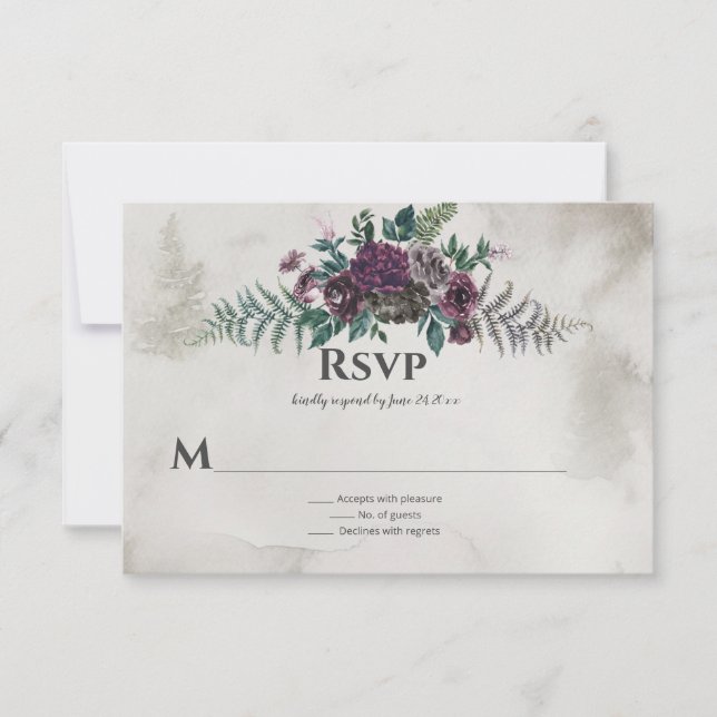 Into the Wild Rustic Burgundy Grey Floral Wedding RSVP Card (Front)