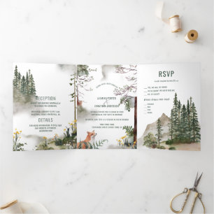 Into the Wild Rustic Mountain Landscape Red Fox Tri-Fold Invitation