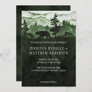 Into The Wild Vivid Green Mountains Bear Wedding Invitation
