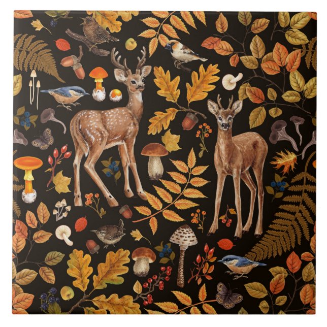 Into the woods/Autumn deer on black Ceramic Tile (Front)