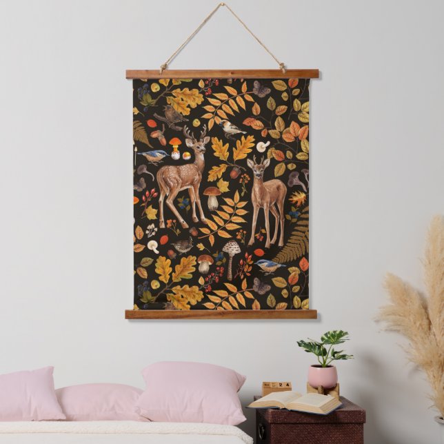 Into the woods/Autumn deer on black Hanging Tapestry (Bedroom)