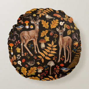 Into the woods/Autumn deer on black Round Cushion