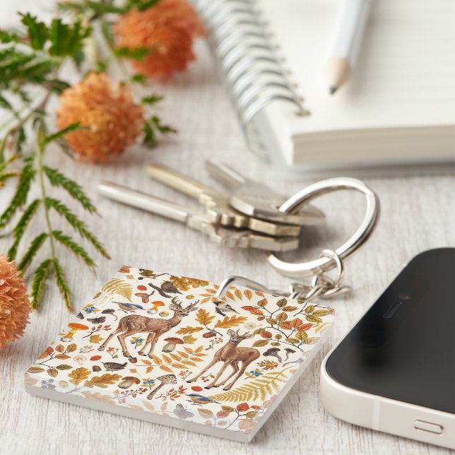 Into the woods/Autumn deer on off white Key Ring (Front Right)