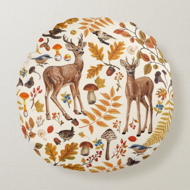 Into the woods/Autumn deer on off white Round Cushion (Front)