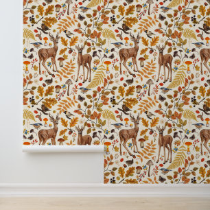 Into the woods/Autumn deer on off white Wallpaper