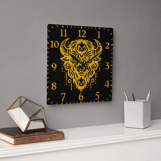 Intricate Bison Design With Tribal Elements Square Wall Clock (Office)