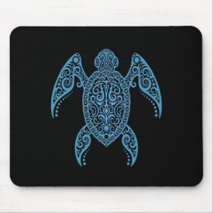 Intricate Black and Blue Sea Turtle Mouse Pad
