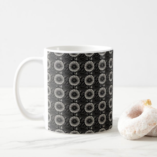 Intricate Black and White Floral Illustration Coffee Mug (With Donut)