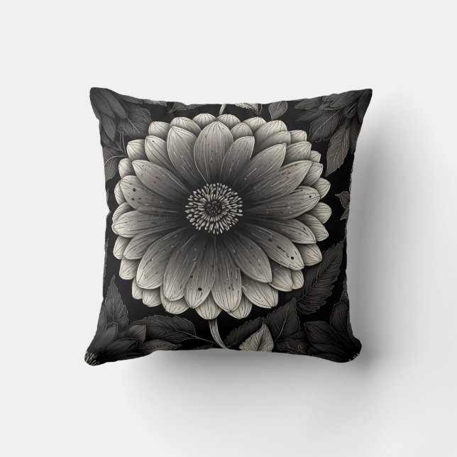 Intricate Black and White Floral Illustration Cushion (Back)