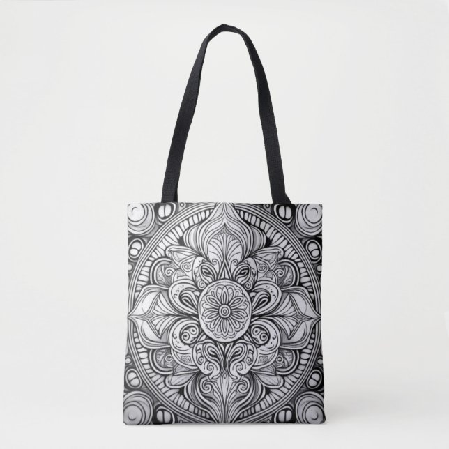 Intricate Black and White Mandala Art Tote Bag (Front)