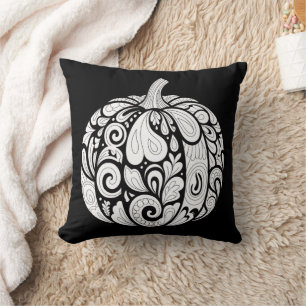Intricate Black and White Pumpkin Art – Halloween Cushion