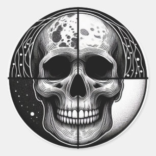 Intricate Black and White Skull Art: A Symmetrical Classic Round Sticker