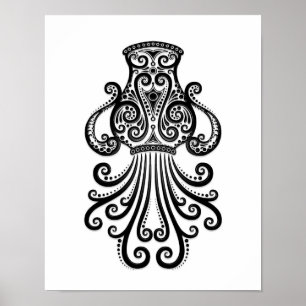 Intricate Black Aquarius Zodiac on White Poster