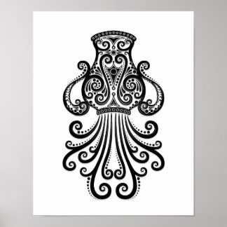 Intricate Black Aquarius Zodiac on White Poster