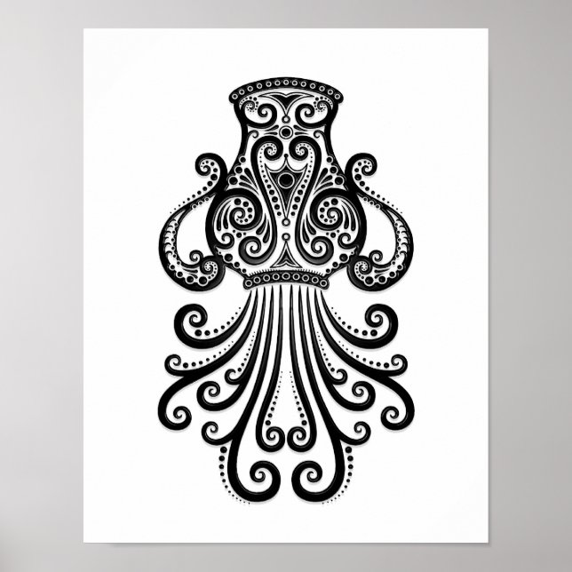 Intricate Black Aquarius Zodiac on White Poster (Front)