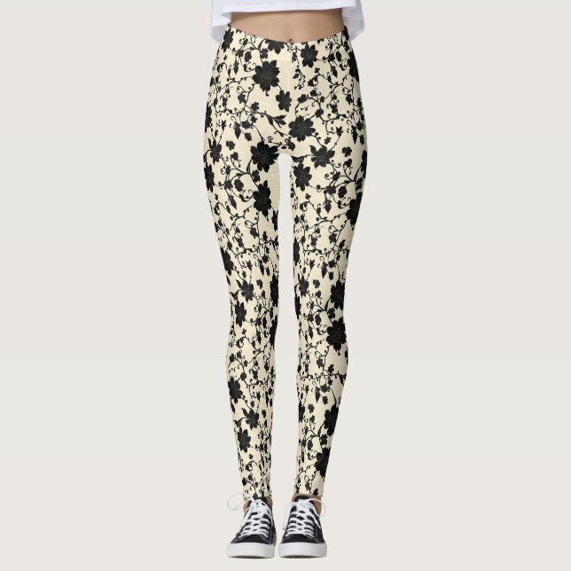 Intricate Black Floral Pattern Leggings (Front)