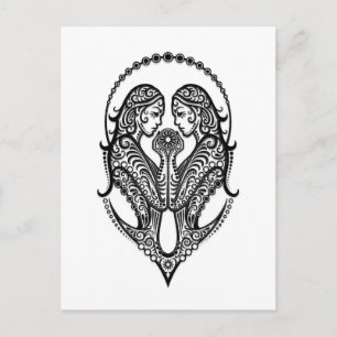 Intricate Black Gemini Zodiac on White Postcard